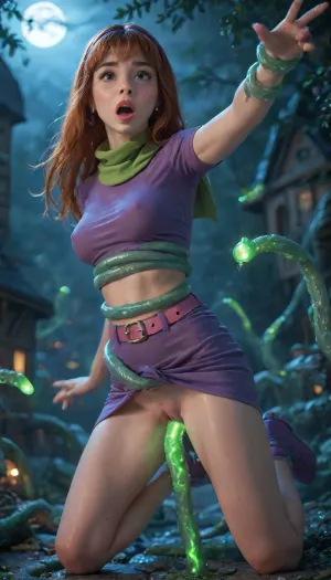 Daphne Blake, 36 years old, Scooby-Doo series, shoulder-length red hair, black eyes, almond-shape eyes, red lipstick, shocked face, mouth opened, screaming, skin imperfections, very slender, tight purple top, covered pointing nipples, midriff exposed, pink belt, purple skirt, purple shoes, purple headband, green scarf, (barely standing on one foot, body leaning, girl loses her balance, falling), thighs spread, shaved pussy, many man thick green glowing tentacles, ((all tentacles are gooey green glowing tentacles)), (all tentacles are exaggerated thick), tentacles wrapped around arms, tentacles wrapped around legs, tentacles wrapped around waist, tentacle is lifting skirt, massive thick tentacle penetrating vagina, deep vaginal insertion, squirt dripping massively, in haunted garden, creepy mansion behind, at night, tentacles, 4ng3l, face, <lora:detailed_notrigger:.8>, <lora:MS_Real_XL_Tentacles:1.1>, <lora:Glowing_beach:.8>, <lora:SDXL_BetterFaces-LoRA_v1:.8>, <lora:add-detail-xl:.8>
