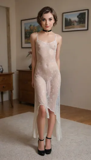 full length portrait, transsexual Andylynn Payne alone in dress, choker, big hoop earrings, short pixie-cut hair, flat-chested, boy's chest, cock is visible through dress, cock is showing through the front of her floral-print dress, high-heels, seductive smile, freckles, dimples, adorable, eyeshadow, mascara, eyeliner, lipstick, blush, background is a dark bedroom, flat, chested, andylynn55, <lora:flat_chested_v3.5:2>, <lora:AndyLynn55:2>, seethru, <lora:seethruv3_SDXL:.8>, Trfut, flac-futa, flac-penis, photo, artwork, <lora:SDXLlora4flFut-000014:.8>