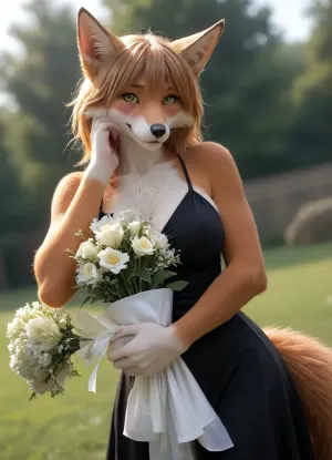 masterpiece, best quality, amazing quality, detailed, (), solo, mike-twokinds, ((mammal, fox woman, furry female anthro)), bald eagle, furry female fox, detailed red fur, fluffy, toned female, yellow eyes, white tail, big breasts, shy face, closed mouth, smiling, light blushing, black summer dress, long stockings, (hugs big bouquet), (hand on cheek), looking at viewer, dutch angle, from front view, outdoors, (((furry art, furry woman, adult)))
