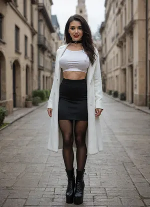 Single azeri girl is 30 years old, her height is 160 centimeters, her weight is 48 kilograms, bright makeup, high cheekbones, beautiful almond-shaped eyes, real eyes, thick eyelashes, steep arch thick eyebrows, white even teeth in mouth, joyful smile, (legs:1.3), (black high heel platform boots, black stockings, long black skirt, breasts under long white shirt, under black fur coat with collar), with radiant skin, very long straight layered flowing black hair, light skin color, warm skin, skinny body, skinny legs, skinny physique, six-pack, relief toned abs, skinny hips, relief muscles, (huge fake breasts, (DDDD-CUP), perfect round silicone breasts, toned breasts), highly detailed breasts, highly detailed skin, highly detailed face, highly detailed teeth, highly detailed hands, highly detailed arms, highly detailed fingers, highly detailed nails, highly detailed lips, highly detailed eyes, highly detailed legs, realistic, (best quality), masterpiece, high resolution, wallpaper 8k, UHD, (high quality), (super detail), 8K, (highest quality), (best details), (perfect lighting), perfect natural lighting, (best shadow), (best shot), (best lighting), (best shadow, best shaded shadows), shot with a Nikon Z7 II camera, very narrow waist, rounded hips, very high legs, 1girl, very big bright red lips, plump red lips, fingers with red manicure, yellow gold earings, hooker, walking in a garden near a palace, winter, snow.