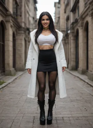 Single azeri girl is 30 years old, her height is 160 centimeters, her weight is 48 kilograms, bright makeup, high cheekbones, beautiful almond-shaped eyes, real eyes, thick eyelashes, steep arch thick eyebrows, white even teeth in mouth, joyful smile, (legs:1.3), (black high heel platform boots, black stockings, long black skirt, breasts under long white shirt, under black fur coat with collar), with radiant skin, very long straight layered flowing black hair, light skin color, warm skin, skinny body, skinny legs, skinny physique, six-pack, relief toned abs, skinny hips, relief muscles, (huge fake breasts, (DDDD-CUP), perfect round silicone breasts, toned breasts), highly detailed breasts, highly detailed skin, highly detailed face, highly detailed teeth, highly detailed hands, highly detailed arms, highly detailed fingers, highly detailed nails, highly detailed lips, highly detailed eyes, highly detailed legs, realistic, (best quality), masterpiece, high resolution, wallpaper 8k, UHD, (high quality), (super detail), 8K, (highest quality), (best details), (perfect lighting), perfect natural lighting, (best shadow), (best shot), (best lighting), (best shadow, best shaded shadows), shot with a Nikon Z7 II camera, very narrow waist, rounded hips, very high legs, 1girl, very big bright red lips, plump red lips, fingers with red manicure, yellow gold earings, hooker, walking in a garden near a palace, winter, snow.
