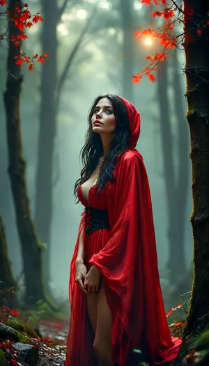 30 year old red riding hood on her knees looking up at viewer in a fairytale dark foggy forrest. Beautiful elegant face, long dark hair. Wearing a sexy red satin cloak. Cleavage 34c., <lora:BUT_SDXL_SHS:2>, <lora:MJ52:.6>, <lora:Vivid Midjourney mimic - XL SDXL v2.0:.5>