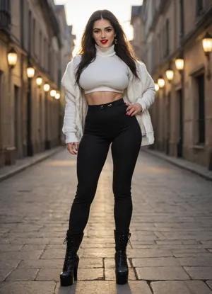Single azeri girl is 30 years old, her height is 160 centimeters, her weight is 48 kilograms, bright makeup, high cheekbones, beautiful almond-shaped eyes, real eyes, thick eyelashes, steep arch thick eyebrows, white even teeth in mouth, joyful smile, (legs:1.3), (black high heel platform boots, black trousers, breasts under long white shirt, under warm jacket with high collar), with radiant skin, very long straight layered flowing black hair, light skin color, warm skin, skinny body, skinny legs, skinny physique, six-pack, relief toned abs, skinny hips, relief muscles, (huge fake breasts, (DDDD-CUP), perfect round silicone breasts, bouncy breasts, toned breasts), highly detailed breasts, highly detailed skin, highly detailed face, highly detailed teeth, highly detailed hands, highly detailed arms, highly detailed fingers, highly detailed nails, highly detailed lips, highly detailed eyes, highly detailed legs, realistic, (best quality), masterpiece, high resolution, wallpaper 8k, UHD, (high quality), (super detail), 8K, (highest quality), (best details), (perfect lighting), perfect natural lighting, (best shadow), (best shot), (best lighting), (best shadow, best shaded shadows), shot with a Nikon Z7 II camera, very narrow waist, rounded hips, very high legs, 1girl, very big bright red lips, plump red lips, fingers with red manicure, yellow gold earings, hooker, walking in a backyard near a palace, winter, snow.