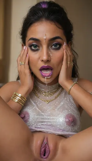 (high-quality facial detail:1.3), Indian sexy beautiful girl, (blue eyes:1.3), ((bimbo makeup, intense saturated glossy purple lipstick:1.2)), (Indian face:1.9), ((makeup:1.8), long blue eyelashes, olive eyeshadow with glitter), (lips:1.2), open mouth, saliva, in a transparent tight-fitting sequined dress, (pink-purple areoles are visible, nipples with piercings), an exquisite necklace and gold bracelets, (purple anus stretched around dildo), mid ejaculation, (penetration), she has long hair tied up in a bun, (purple pussy:1.7), nipple ringsnipple, (purple puffy anus:1.5), nipple ringsnipple rings, pussy view, slit pussy, slender long legs with a high waist, fishnet stockings, green stilettos, seductive grins, dark skin., (cum in mouth:1.3), (heavy pussy piercing:1.7), There is a lot of cum on the pubic area of the anus, <lora:926087_training_data:2>