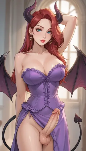 Score_9, score_8_up, score_7_up, reiq meets markgavatino and melkor mancin artstyle. Jessica rabbit., ((large demonic wings that are black and fade to purple)), black to purple demon horns, demon tail, demonic, succubus, (((transgender))), (((futanari))), trans, femboy, shemale, tranny.
purple and red hair., (((penis))), large penis, (huge penis), (very thick penis), balls, penis visible., (((huge breasts spilling out of corset))), ((EE breasts)), natural breasts, soft breasts, sagging breasts.

arching back, luxurious tight dark purple micro dress, ((corset over dress with lace frills), dress with no front exposing penis, no panties, dancing, mid-motion shot, vintage 50's strip club, bright apotlight, ratatatat74, high contrast, (thick outline), <lora:ratatatat74-000050:.7>, <lora:cartoon_stickers_xl_v1:.7>, <lora:209970_training_data:2>)