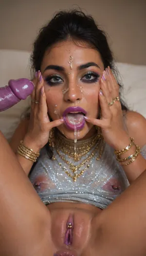 (high-quality facial detail:1.3), Indian sexy beautiful girl, (blue eyes:1.3), ((bimbo makeup, intense saturated glossy purple lipstick:1.2)), (Indian face:1.9), ((makeup:1.8), long blue eyelashes, olive eyeshadow with glitter), (lips:1.2), open mouth, saliva, in a transparent tight-fitting sequined dress, (pink-purple areoles are visible, nipples with piercings), an exquisite necklace and gold bracelets, (purple anus stretched around dildo), mid ejaculation, (penetration), she has long hair tied up in a bun, (purple pussy:1.7), nipple ringsnipple, (purple puffy anus:1.5), nipple ringsnipple rings, pussy view, slit pussy, slender long legs with a high waist, fishnet stockings, green stilettos, seductive grins, dark skin., (cum in mouth:1.3), (heavy pussy piercing:1.7), There is a lot of cum on the pubic area of the anus, Object, gd, erection, sex, toy, penis, large, <lora:Penis_XL:2>