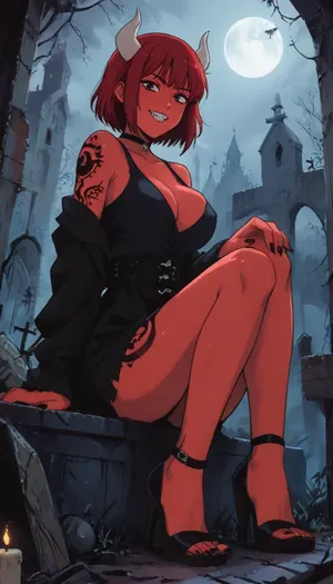 score_9, score_8_up, score_7_up, source_anime, markgavatino style, cute demon succubus woman, (nipple slip, one breast out), tattoos, sitting, low angle, high heels, (petite gothic woman, huge breasts, narrow waist, athletic body), feet on shoulder width, emo gothic outfit, luxurious jewelry, (female with red skin), white horns, bared her fangs in a grin, sharp teeth, long sharp claws, abandoned graveyard, night, huge moon, volumetric fog, candles, cute, doodle, j_cartoon, ratatatat74, <lora:cutedoodle_XL-000012:.8>, <lora:J_cartoon:.8>, <lora:ratatatat74-000050:.8>, <lora:NEOTOKIOXL_0.2_RC:.8>, <lora:outline_xl_kohaku_delta_spv5x:.8>