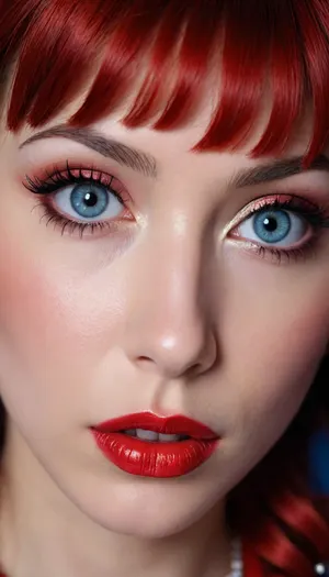 I have snake eyes, long blue eyelashes, eyeliner, lush and bright red lips with silver sparkles, narrow eyebrows, pearly hair, straight bangs, 5 pigtails, manicure