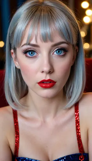 I have snake eyes, long blue eyelashes, eyeliner, lush and bright red lips with silver sparkles, narrow eyebrows, pearly hair, straight bangs, 5 pigtails, manicure