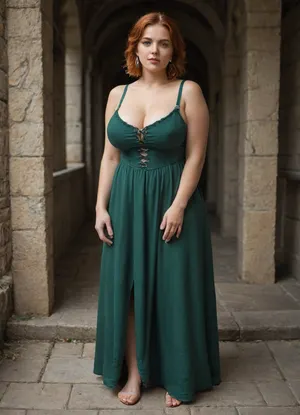 seductive shameless plus size irish redhead bbw in medieval green dress with very low neckline, her tits are almost naked, big breasts in a low-cut dress, tits almost out, (whole body visible, full-length image:1.3)
