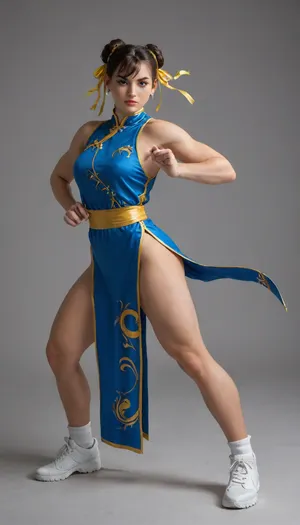 Photograph, Chun Li from the Street Fighter video game series. Chun Li is portrayed with fair skin and light brown hair styled in two buns with yellow ribbons. She has blue eyes and a determined expression. She is dressed in her iconic blue qipao with gold accents, showcasing her slim figure. Her hands are in a fighting stance, showcasing her muscular arms. The background is a misty, dimly lit environment with a blue hue. The image is a full-body shot, highlighting Chun Li's poised and powerful stance. The rendering is highly detailed, with realistic textures on her clothing and accessories., <lora:Chun-Li-SDXL:.5>