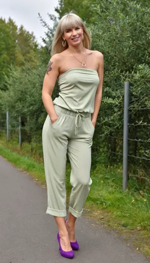 front view, walking fast To cross the, (cobbled street), 30 yo woman with a slim, athletic build. freckled, horny smile, hair is long, straight, and blonde with subtle darker undertones. She wears bangs that are swept slightly to the side, She wears an pastel colored olive-green strapless light chiffon jumpsuit, The wet top is fitted, while the pants are loose-fitting. Her hands are casually in her pockets, (pastel purple pumps), necklace, hoop earrings, The woman has several tattoos on her arms, upright and confident, windy, germany, backrousn, old fence, trees, Dorina
