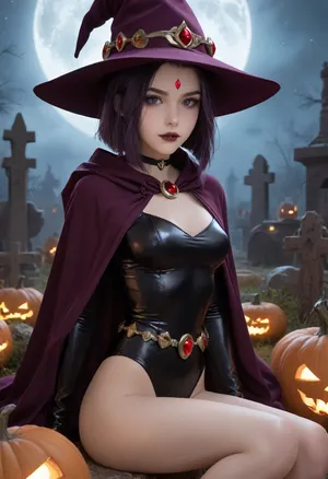 masterpiece, best quality, high resolution, hires, score_9, score_8_up, score_7_up, score_6_up, (DC comics titans raven:1.4), detailed face, light Grey skin, short purple hair, bobcut hairstyle, purple hightlights in hair, purple eyeshadow, black lipstick, dark eyeliner, goth make up, red diamond on forehead, slim body, dark purple skin tight leotard, ruby jeweled brooch, purple wool hooded cloak, purple wool witches hat, extended conical crown, wide brim hat, glowing red jeweled belt, black leather choker, slim ass, sitting, looking at viewer, night time, visible stars, graveyard setting, graveyard is littered with pumpkins, diverse pumpkins, bright moon, moon glow, detailed background, ratatatat74, face, <lora:287175_training_data:1.3>, <lora:ratatatat74-000050:1.3>, <lora:Raven_XL:1.6>, <lora:JustCum:1.4>, NEGATIVE_HANDS masterpiece, best quality, high resolution, hires, score_9, score_8_up, score_7_up, score_6_up, (DC comics titans raven:1.4), detailed face, light Grey skin, short purple hair, bobcut hairstyle, purple hightlights in hair, purple eyeshadow, black lipstick, dark eyeliner, goth make up, red diamond on forehead, slim body, dark purple skin tight leotard, ruby jeweled brooch, purple wool hooded cloak, purple wool witches hat, extended conical crown, wide brim hat, glowing red jeweled belt, black leather choker, slim ass, sitting, looking at viewer, night time, visible stars, graveyard setting, graveyard is littered with pumpkins, diverse pumpkins, bright moon, moon glow, detailed background, ratatatat74, face, <lora:287175_training_data:1.3>, <lora:ratatatat74-000050:1.3>, <lora:Raven_XL:1.6>, <lora:JustCum:1.4>, NEGATIVE_HANDS
