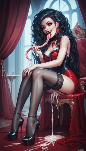 Sexy vampire, sitting on her knees, stockings, heels, very long tongue, my tongue spirals around a big cock, lots of cum
