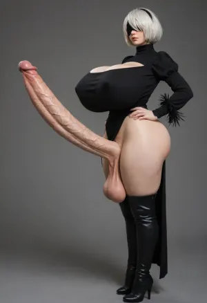 Yorha unit 2B from nier automata, arms on hips, 2b cosplay, white bobcut hair, beauty mark on left side of chin, high-slit black turtleneck top, puffed sleeves ending in mid-forearm in the form of crow feathers, thigh high black high heel boots, slim face, black blindfold, both eyes covered, futanari, FUTA, huge thick veiny cock, slim long cock, ((((((((((long cock)))))))))), huge flare, erected cock, straight erected cock, erection, detailed cock, upper curved cock, ((((huge heavy testicles)))), cleavage, (((gigantic natural breasts))), massive breasts, long breasts, saggy breasts, hanging breasts, ((gigantic hips)), (gigantic saggy breasts), black nipple pasties, (gigantic ass), huge thighs, overflowing thighs, serious expression, ((far view)), simple background, cock focus, (side view)