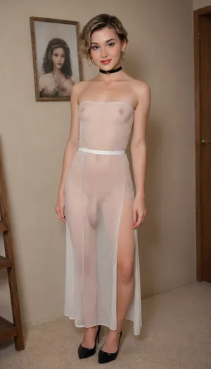 full length portrait, transsexual Andylynn Payne alone in dress, choker, big hoop earrings, short pixie-cut hair, flat-chested, boy's chest, cock is visible through dress, cock is showing through the front of her white dress, high-heels, seductive smile, freckles, dimples, adorable, eyeshadow, mascara, eyeliner, lipstick, blush, background is a dark bedroom, flat, chested, andylynn55, seethru, Trfut, flac-futa, flac-penis, photo, artwork, <lora:flat_chested_v3.5:2>, <lora:AndyLynn55:2>, <lora:seethruv3_SDXL:.8>, <lora:SDXLlora4flFut-000014:2>