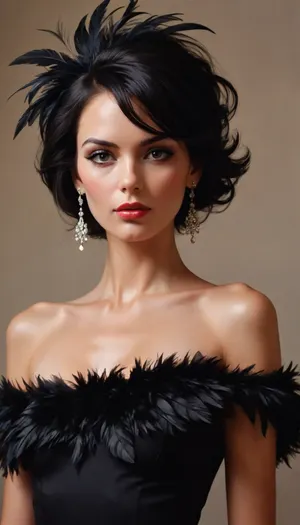 David Downton Pavel Guzenko oil painting beautiful woman and glamour of elegant with black hair, with feathers in her hair, cgsociety contest winner, very aesthetic, eroticart abstract granq sfumato modernart retro style digital art and glamour, flat, chested, <lora:flat_chested_v3.5:2>, <lora:FaeStyle:2>, <lora:eGirls_XL_v1:2>