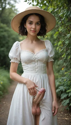 "A photo of a young woman wearing a white dress with puffy sleeves and a white hat with a ribbon. She is standing outdoors in front of a blurred background with greenery. She has long black hair and is smiling. The lighting is natural and soft, with the sun casting gentle shadows. The camera angle is eye-level, and the image is SFW. The woman has a slender build and is wearing small earrings. The dress has a gathered waist and a lace-trimmed neckline. The background is out of focus, with a mix of green and brown tones, futanari, mastrubation, erect penis, hard penis, sagging testicles, veiny cock, leaking precum, throbbing cock, <lora:Tifa-Lockhart-SDXL:.5>