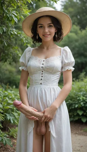 "A photo of a young woman wearing a white dress with puffy sleeves and a white hat with a ribbon. She is standing outdoors in front of a blurred background with greenery. She has long black hair and is smiling. The lighting is natural and soft, with the sun casting gentle shadows. The camera angle is eye-level, and the image is SFW. The woman has a slender build and is wearing small earrings. The dress has a gathered waist and a lace-trimmed neckline. The background is out of focus, with a mix of green and brown tones, futanari, mastrubation, erect penis, hard penis, sagging testicles, veiny cock, leaking precum, throbbing cock, <lora:Tifa-Lockhart-SDXL:.5>