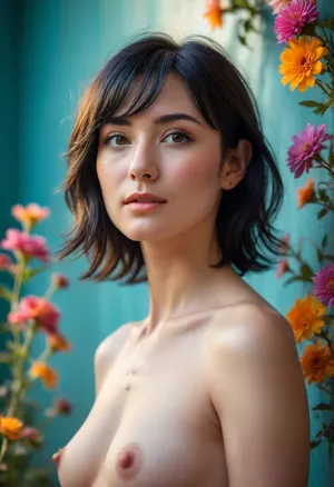 A charming Japanese woman, short tousled layered black hair with delicate wispy bangs, direct sunlight illuminating the left side of her face, a vibrant beautiful rainbow prism light flare refracts across the right side of the image washing over her hair and shoulder with a spectrum of vivid colors, She is set against a simple muted teal-colored wall, delicate dried flowers in the foreground, (nude:1.3), (pretty face:1.8), (perfect nose:1.6), slender body, perfect legs, fair skin, (full body portrait:1.3), <lora:Midjourney Image Enhancer XL v1:.8> A charming Japanese woman, short tousled layered black hair with delicate wispy bangs, direct sunlight illuminating the left side of her face, a vibrant beautiful rainbow prism light flare refracts across the right side of the image washing over her hair and shoulder with a spectrum of vivid colors, She is set against a simple muted teal-colored wall, delicate dried flowers in the foreground, (nude:1.3), (pretty face:1.8), (perfect nose:1.6), slender body, perfect legs, fair skin, (full body portrait:1.3), <lora:Midjourney Image Enhancer XL v1:.8>