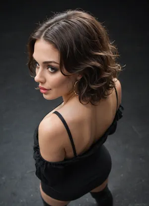 Gorgeous milf, brunette hair, (wild hair:1.2), short hair, loose hair, smirk, grin, cruel mistress, (bimbo makeup), dark lipstick, (sharp facial features:1.2), (snub-nosed:1.2), (large full lips:1.2), (wide jaw), big eyes, black mini dress, long sleeve dress, bodycon dress, black background, downblouse, black thigh-high-boots, (dancing), (posing), high angle view, (close-up view), (back arched)