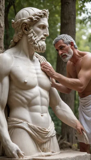 A masterpiece of the highest quality, ultra-detailed in 8K, with a sharp and flawless focus., (A sculptor creates a marble statue in a sacred grove of ancient Greece.), (A man, Phidias, the sculptor:1.2), . Ancient Greece. A sculptor creates a marble statue in the Sacred Grove. The 70-year-old man, stooped, with tired eyes, leaden hair, and a deteriorating body, skillfully chisels the marble statue, shaping it. The elderly sculptor works with precision, (chiseling a marble statue:1.3), . Quartz veins that gleam in the center. Marble curves, a sacred olive grove in the background with the golden rays of the sunset filtering through the twisted trunks, moss-covered ground dotted with fallen petals, and an incense altar—an ethereal atmosphere., (Remove noise, eliminate errors. Improve details. Improve textures. Outline bodies. Improve focus. Improve resolution.perfect body.sharp), 1.1