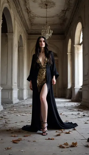 High contrast, black very very long hair, slender skinny body, wide hips, 35 years old, flat chest, large oval areolae, pale white painted skin, mascara, mysterious haunting ghostlike presence, serious face expression, dancing gestures, (black high-heeled sandals, black transparent gold-ornated robe, full body portrait in a Abandoned and heavy ruined baroque palace, few Autumn leaves on the palaces floor, Peeling paint on the walls, soot marks on the ceilings)
