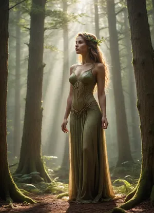 A dryad standing gracefully in the distance, framed by ancient trees and soft forest light. She is seen from mid or far perspective, partially veiled by mist and sunbeams filtering through the canopy. Her skin seamlessly resembles living wood — smooth, warm, and organic, with subtle veins of green and golden sap beneath the surface, as if her body itself grew from the forest. The expression is serene and wise, eyes reflecting dappled sunlight. Soft golden rays illuminate floating dust motes, enhancing the ethereal atmosphere. Painterly style, cinematic composition, fine art, highly detailed, atmospheric fantasy landscape.
fantasy art, fine art painting, natural textures, forest spirit, ethereal lighting, SFW, atmospheric perspective, nature harmony