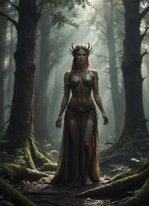 A dryad standing gracefully in the distance, framed by ancient trees and soft forest light. She is seen from mid or far perspective, partially veiled by mist and sunbeams filtering through the canopy. Her skin seamlessly resembles living wood — smooth, warm, and organic, with subtle veins of green and golden sap beneath the surface, as if her body itself grew from the forest. The expression is serene and wise, eyes reflecting dappled sunlight. Soft golden rays illuminate floating dust motes, enhancing the ethereal atmosphere. Painterly style, cinematic composition, fine art, highly detailed, atmospheric fantasy landscape.
fantasy art, fine art painting, natural textures, forest spirit, ethereal lighting, SFW, atmospheric perspective, nature harmony, Dark, dreams, Eerie, reality, Horror, Darkness, <lora:DDXL:.8>