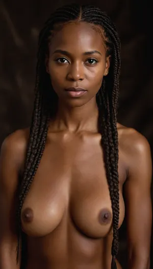 full portrait by a Sexy african hot woman Naked with very long thin brown African braids, hot face, very big and very sagging breasts, naturals breasts, completely empty and wrinkled breasts with large and long dark nipples, very empty breasts, casual photo, natural beauty, tanned skin, body athletic, so beautiful face