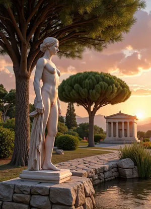 "An ancient Greek sacred grove at sunset. Centuries-old laurel trees surround a marble statue of the goddess Artemis, created by an architect dressed in a comfortable exomis. In the background, you can see the facade of a small Doric temple. A stone stream murmurs nearby. The sky is painted in warm orange and pink tones. Classic style, detailed drawing, epic landscape."
Detailed image, high resolution, 8K, dynamic movement of the work at that moment, correct lighting for this work.