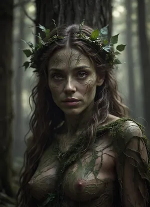 Realistic fantasy portrait of a dryad, a spirit of the forest. Her body is covered with natural bark patterns that look like a second skin — smooth, flexible, and seamlessly grown from her form. Subtle lines of moss and veins of green light run beneath the surface, giving her a living, organic appearance. Her eyes reflect forest light, and her hair flows like fine roots mixed with leaves. The background shows a softly lit woodland filled with warm golden rays. SFW, fine art concept art, cinematic realism, detailed textures, serene expression, nature spirit theme., Dark, dreams, Eerie, reality, Horror, Darkness, <lora:DDXL:.8>