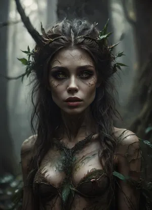 Realistic fantasy portrait of a dryad, a spirit of the forest. Her body is covered with natural bark patterns that look like a second skin — smooth, flexible, and seamlessly grown from her form. Subtle lines of moss and veins of green light run beneath the surface, giving her a living, organic appearance. Her eyes reflect forest light, and her hair flows like fine roots mixed with leaves. The background shows a softly lit woodland filled with warm golden rays. SFW, fine art concept art, cinematic realism, detailed textures, serene expression, nature spirit theme., Dark, dreams, Eerie, reality, Horror, Darkness, <lora:DDXL:.8>, smoking, smoke, coming, of, the, mouth, <lora:Smoking_Babes_XL_V2:.8>, harpy, <lora:RPGHarpyXL:.8>
