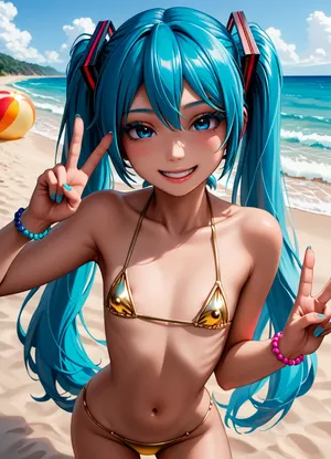 woman, best quality, masterpiece, (Hatsune Miku:1), detailed blue eyes, (blue hair), twintails, ((beach)), (gold micro bikini), (flatchest:1.4), (areolaee slip), (half-closed eyes), sand, ocean, waves, peace, gyaru smile, happy, thick eyelashes, (evening), (((short height:1))), (vibrant colors), cowboy shot, (cowgirl pose, pov), looking at viewer, (<lora:3D XL:1.5>)
