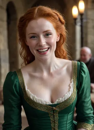 seductive shameless irish redhead in medieval green dress with very low neckline, (((drunk:1.3))), (((laughing)))