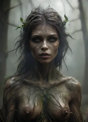 Realistic fantasy portrait of a dryad, a spirit of the forest. Her body is covered with natural bark patterns that look like a second skin — smooth, flexible, and seamlessly grown from her form. Subtle lines of moss and veins of green light run beneath the surface, giving her a living, organic appearance. Her eyes reflect forest light, and her hair flows like fine roots mixed with leaves. The background shows a softly lit woodland filled with warm golden rays. SFW, fine art concept art, cinematic realism, detailed textures, serene expression, nature spirit theme., (magic), wraith, <lora:RPGWraithXL:.8>, smoking, smoke, coming, out, of, the, mouth, <lora:Smoking_Babes_XL_V2:.8>, harpy, <lora:RPGHarpyXL:.8>, longnips, <lora:longnipsxl:.8>