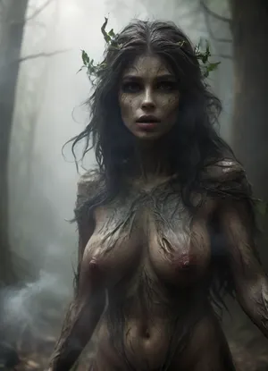 Realistic fantasy portrait of a dryad, a spirit of the forest. Her body is covered with natural bark patterns that look like a second skin — smooth, flexible, and seamlessly grown from her form. Subtle lines of moss and veins of green light run beneath the surface, giving her a living, organic appearance. Her eyes reflect forest light, and her hair flows like fine roots mixed with leaves. The background shows a softly lit woodland filled with warm golden rays. SFW, fine art concept art, cinematic realism, detailed textures, serene expression, nature spirit theme., (magic), wraith, <lora:RPGWraithXL:.8>, smoking, smoke, coming, out, of, the, mouth, <lora:Smoking_Babes_XL_V2:.8>, harpy, <lora:RPGHarpyXL:.8>, sagging, breasts, <lora:sagging-000015:.8>, <lora:milkers_v2:.8>