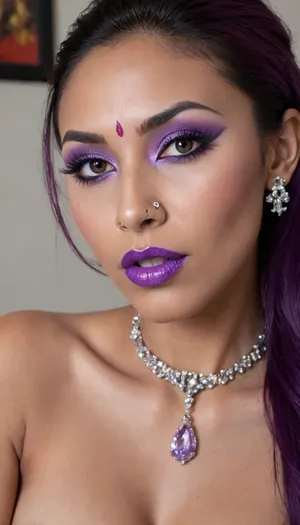 (high-quality facial detail:1.3), Indian sexy beautiful girl, (blue eyes:1.3), ((bimbo makeup, intense saturated glossy purple lipstick:1.2)), (Indian face:1.9), ((makeup:1.8), long blue eyelashes, olive eyeshadow with glitter), (lips:1.2), open mouth, saliva, in a transparent tight-fitting sequined dress, (pink-purple areoles are visible, nipples with piercings), an exquisite necklace and gold bracelets, (purple anus stretched around dildo), mid ejaculation, (penetration), she has long hair tied up in a bun, (purple pussy:1.7), nipple ringsnipple, (purple puffy anus:1.5), nipple ringsnipple rings, pussy view, slit pussy, slender long legs with a high waist, fishnet stockings, green stilettos, seductive grins, dark skin., (cum in mouth:1.3), (heavy pussy piercing:1.7), There is a lot of cum on the pubic area of the anus, <lora:926087_training_data:2>