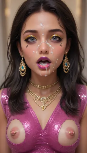 (high-quality facial detail:1.3), Indian sexy beautiful girl, (blue eyes:1.3), ((bimbo makeup, intense saturated glossy purple lipstick:1.2)), (Indian face:1.9), ((makeup:1.8), long blue eyelashes, olive eyeshadow with glitter), (lips:1.2), open mouth, saliva, in a transparent tight-fitting sequined dress, (pink-purple areoles are visible, nipples with piercings), an exquisite necklace and gold bracelets, (purple anus stretched around dildo), mid ejaculation, (penetration), she has long hair tied up in a bun, (purple pussy:1.7), nipple ringsnipple, (purple puffy anus:1.5), nipple ringsnipple rings, pussy view, slit pussy, slender long legs with a high waist, fishnet stockings, green stilettos, seductive grins, dark skin., (cum in mouth:1.3), (heavy pussy piercing:1.7), There is a lot of cum on the pubic area of the anus, <lora:926087_training_data:2>