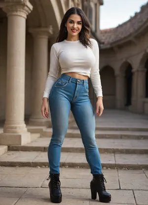 Single azeri girl is 30 years old, her height is 160 centimeters, her weight is 48 kilograms, bright makeup, high cheekbones, beautiful almond-shaped eyes, real eyes, thick eyelashes, steep arch thick eyebrows, white even teeth in mouth, joyful smile, (legs:1.3), (black very high heel platform boots, long blue jeans, breasts under long white shirt with long sleeves), with radiant skin, very long straight layered flowing black hair, light skin color, warm skin, skinny body, skinny legs, skinny physique, skinny hips, relief muscles, (huge fake breasts, (DDDD-CUP), perfect round silicone breasts, bouncy breasts, toned breasts), highly detailed breasts, highly detailed skin, highly detailed face, highly detailed teeth, highly detailed hands, highly detailed arms, highly detailed fingers, highly detailed nails, highly detailed lips, highly detailed eyes, highly detailed legs, realistic, (best quality), masterpiece, high resolution, wallpaper 8k, UHD, (high quality), (super detail), 8K, (highest quality), (best details), (perfect lighting), perfect natural lighting, (best shadow), (best shot), (best lighting), (best shadow, best shaded shadows), shot with a Nikon Z7 II camera, very narrow waist, rounded hips, very high legs, 1girl, very big bright red lips, plump red lips, fingers with red manicure, yellow gold earings, hooker, walking down the stairs to the pool in a palace.