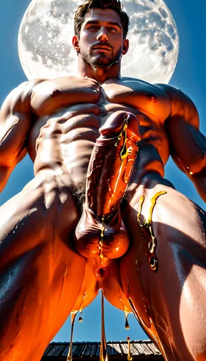 dall3test, by Jack Gaughan, in the style of a 2025a sexy gay masculine explicit fantasy porn book cover art, masterpiece, best 4k quality, (intricate face details), dreamy, perfect eyes, dark pupils, magnificent hung penis, ethereal, volumetric lighting, lightroom, ((cinematic)), raytracing, subsurface scattering, full male body focus, body art, regular contrast, from below, low angle, (dripping in gold liquid:1.1), and black oil, gold and black theme, gold moon, dramatic light, <lora:dalle3paintstyle:1.1>, He is also holding his feet with his hands, we can see the soles of his feet and his anus which is gaping, he is gooning