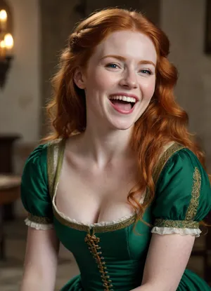 seductive shameless irish redhead in medieval green dress with very low neckline, (((drunk:1.3))), (((laughing)))