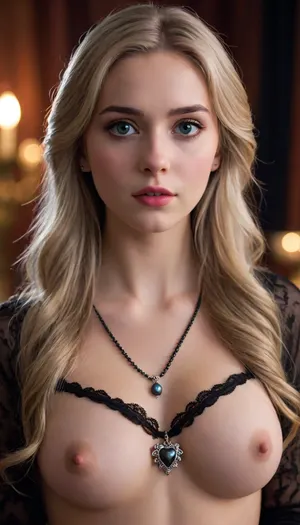 Elsa from frozen heart, 18 years old girl, very long hair, bright eyes, medium breasts, nipples, with black stockings, wearing black pearl necklace