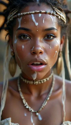 Portrait face and chest of 30 year old female ancient africa tribal queen, covered in thick white realistic cum, beautiful face, sexy face, sexy expression, orgasm, orgasm face, Mouth half open, tongue on lip, eyes half closedwoman, cum, on, face, <lora:MJ52:.3>, <lora:BUT_SDXL_SHS:1.3>, <lora:add-detail-xl:.7>, <lora:CinematicStyle_v1:2>, <lora:JustCum:1.5>