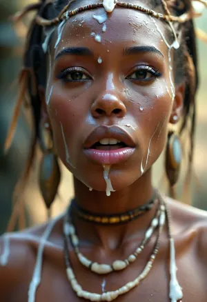 30 year old female ancient africa tribal queen, covered in thick white realistic cum, sexy expression, orgasm, orgasm face, Mouth half open, tongue on lip, eyes half closedwoman, cum, on, face, <lora:MJ52:.3>, <lora:BUT_SDXL_SHS:1.3>, <lora:add-detail-xl:.7>, <lora:CinematicStyle_v1:2>, <lora:JustCum:1.5>