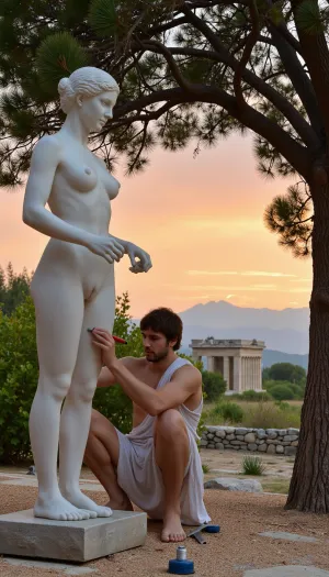 An ancient Greek sacred grove at sunset. Centuries-old laurel trees surround, (a marble statue of the goddess Aphrodite, which is being created by an ancient Greek sculptor dressed in a chiton:1.2), (he is creating the statue with a chisel in his hands:1.4), with tools lying nearby. In the background, the facade of a small Doric temple is visible. A stone stream murmurs nearby. The sky is painted in warm orange and pink tones. Classical style, detailed drawing, epic landscape. Detailed image, high resolution, 8K, dynamic movement of the work at the moment, correct lighting for this work.