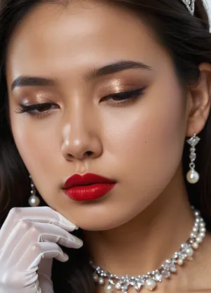 Passport photo, A 22 years old Malaysian woman, small breasts, brunette, naked, long hair, Black color hair, red lips, hyperrealistic photo, white background, Full HD, 8K, front body view, virgin pussy, wearing transparent black pantyhose, diamond tiara, pearl necklace, transparent black long gloves, below view, focus pussy, pussy close up view, eyes closed, sad, sorrow, facial, expression, <lora:Expressions XL:.8>