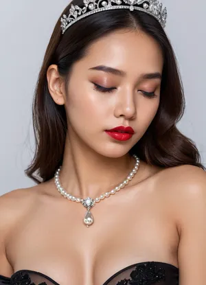 Passport photo, A 22 years old Malaysian woman, small breasts, brunette, naked, long hair, Black color hair, red lips, hyperrealistic photo, white background, Full HD, 8K, front body view, virgin pussy, wearing transparent black pantyhose, diamond tiara, pearl necklace, transparent black long gloves, below view, focus pussy, pussy close up view, eyes closed, sad, sorrow, facial, expression, <lora:Expressions XL:.8>