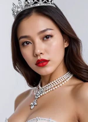 Passport photo, A 22 years old Malaysian woman, small breasts, brunette, naked, long hair, Black color hair, red lips, hyperrealistic photo, white background, Full HD, 8K, front body view, virgin pussy, wearing transparent black pantyhose, diamond tiara, pearl necklace, transparent black long gloves, below view, focus pussy, pussy close up view, eyes closed, sad, sorrow, facial, expression, <lora:Expressions XL:.8>