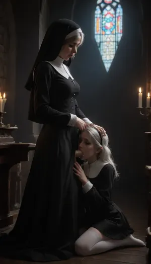 mature_futanari_granny_with_an_innocent_girl, 55_years_old, futanari, penis, medium_breasts, breasts open, skirt up, semen, very_big_cumshot, vintage_long_stockings, girl kneeling, futanari_standing, clothes open, futa granny dominates an innocent girl, girl sucks dick on her knees, futa blows dick in girl's mouth, closed_eyes, testicles, erection, ((girl_gives_blowjob)), girl in monastic_cassock, gray_hair, skirt, medium_breasts, gray_hair, miniskirt, medium_length_hair, big_ass, futa with girl, girl sucks futa, girl gives blowjob, very_big_thick_thighs, very_thick_thighs, nun's_cassock, open_mouth, cum_in_girl's_mouth, gothic_church_inside, candles, long_sleeves, ejaculation, futanari_with_a_girl, moaning, hug, realistic, lifted_skirt, runny_makeup, (makeup smeared from tears), tears, (crying), embarrassment, blush, orgasm facial expression, ruined makeup, flowing tears, ruined makeup, wrinkles on face, cum on thighs, cum on clothes, nun's headdress, gothic_night_church, dark_church, center aisle, (red-blue neon lighting), <lora:fog_creatures_v4:2>, <lora:dark:2>